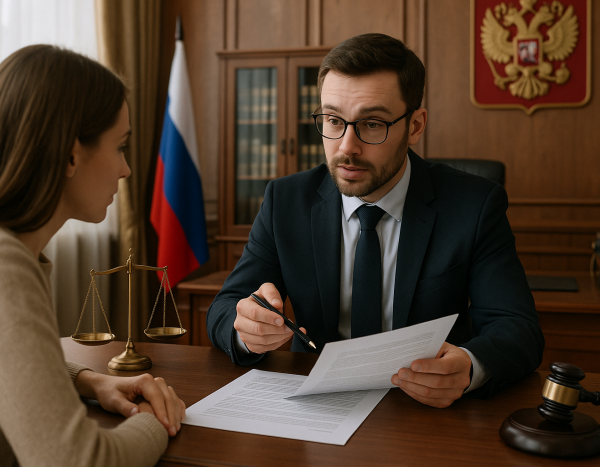 Адвокат объясняет клиенту юридические документы в офисе