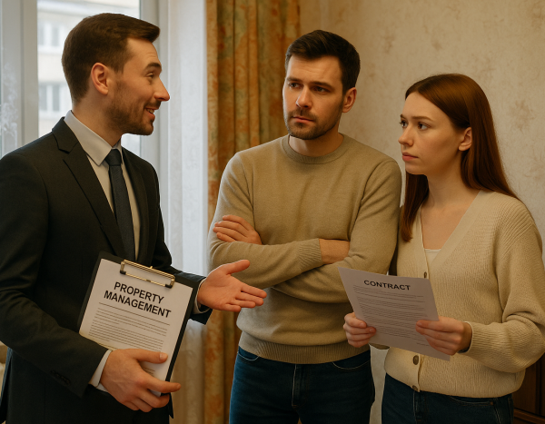 Агент обсуждает доверительное управление с парой в квартире.